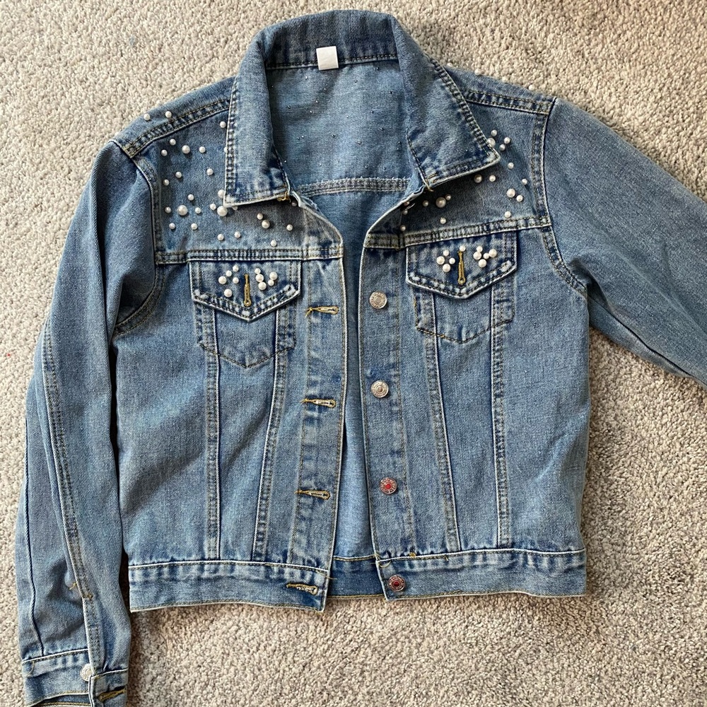Cropped Denim Jacket with Pearl Embellishments